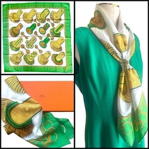 Hermès Paris Green & Gold Military Epaulettes Silk Scarf Carre 90 w/Box